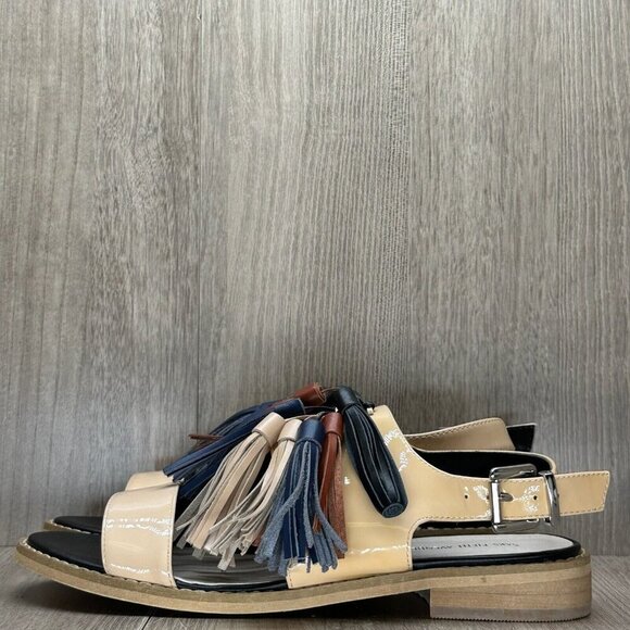 Saks Fifth Avenue Patent Sandals Women Size 8.5 Beige Maria Tasseled Sling Back - Picture 2 of 12